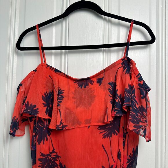 Donna Morgan Mini Dress Womens 16 Orange Navy Floral Off Shoulder Flowy Beachy - Picture 8 of 9
